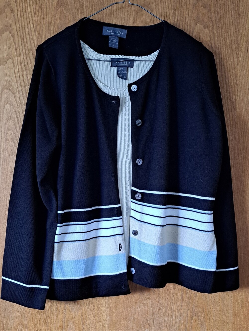 Van Heusen Black, Light Blue & Beige Striped Cardigan and Shell Knit set.